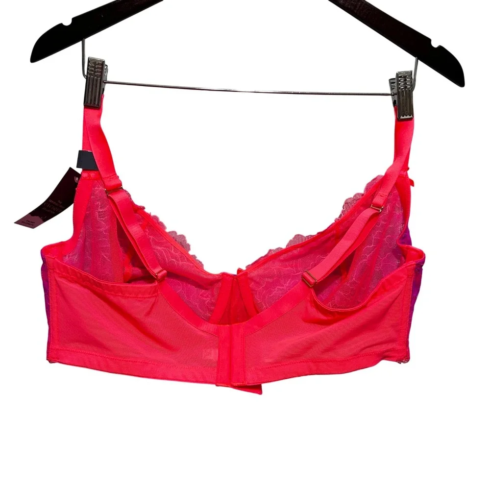 Cacique Unlined Balconette Bra 42DDD Neon Pink Lace Sheer Underwire Lingerie New